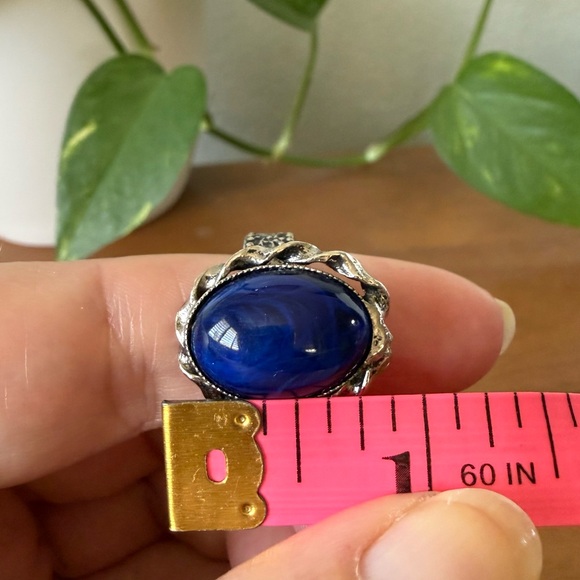 Gorgeous Vintage West Germany Blue Glass Cabochon Silver Tone Adjustable Ring - Picture 14 of 14